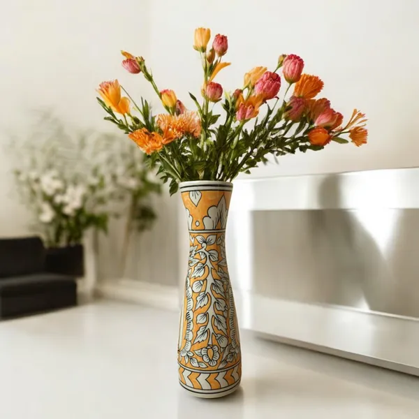 Handcrafted_Mustard_and_White_Ceramic_Vase,_Size:_10_x_32_cm