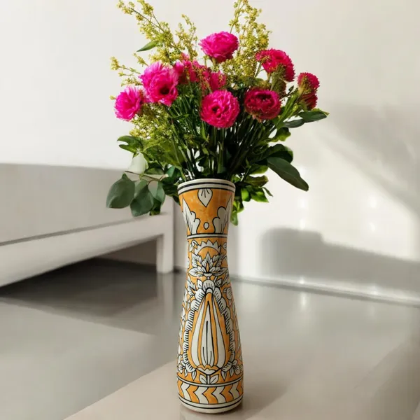 Handcrafted_Mustard_and_White_Ceramic_Vase,_Size:_10_x_32_cm