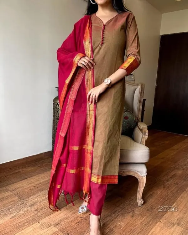 Beige_Color_Handloom_South_Cotton_Kurta_and_Pant_Set_with_Dupatta