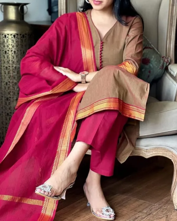 Beige_Color_Handloom_South_Cotton_Kurta_and_Pant_Set_with_Dupatta