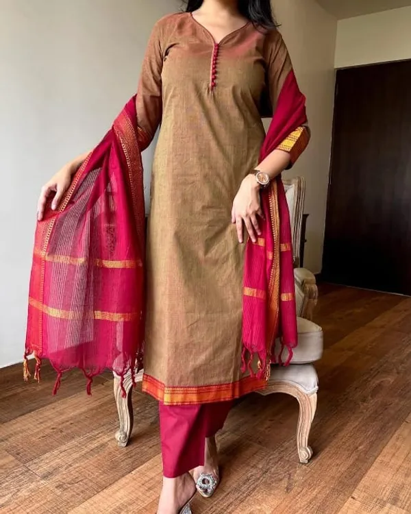 Beige_Color_Handloom_South_Cotton_Kurta_and_Pant_Set_with_Dupatta