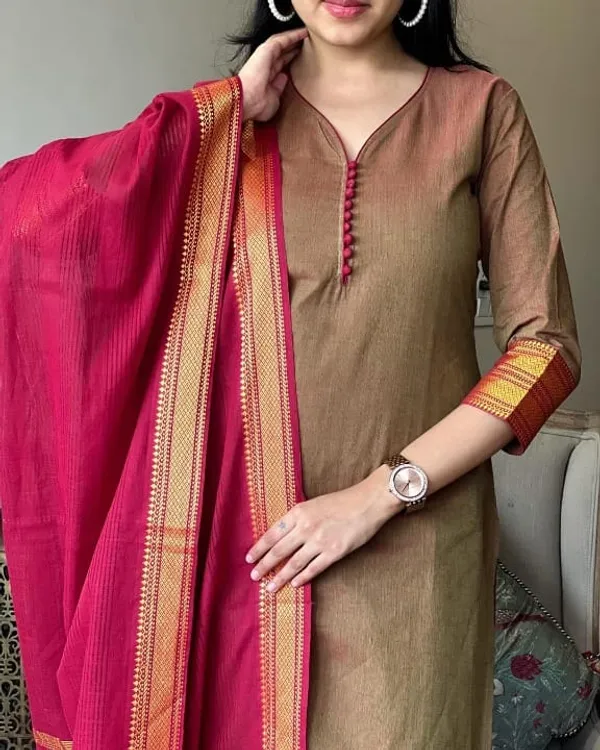 Beige_Color_Handloom_South_Cotton_Kurta_and_Pant_Set_with_Dupatta
