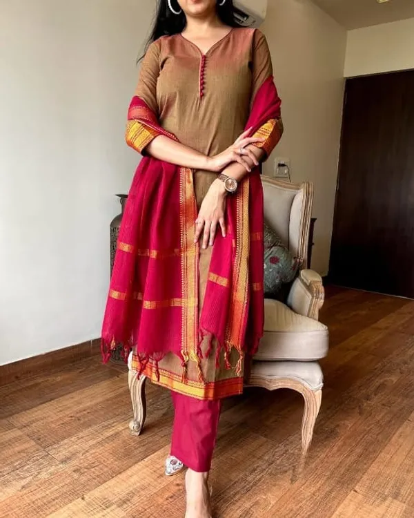 Beige_Color_Handloom_South_Cotton_Kurta_and_Pant_Set_with_Dupatta
