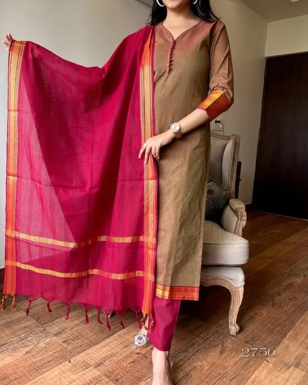 Beige_Color_Handloom_South_Cotton_Kurta_and_Pant_Set_with_Dupatta