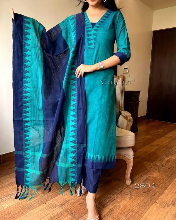 Green_&_Blue_South_Cotton_Kurta_&_Pant_with_Dupatta_Set
