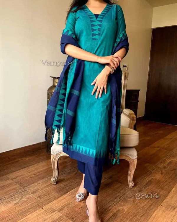 Green_&_Blue_Handloom_South_Cotton_Kurta_With_Pant_&_South_Cotton_Dupatta