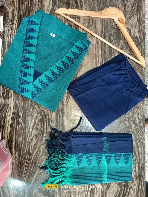 Green_&_Blue_Handloom_South_Cotton_Kurta_With_Pant_&_South_Cotton_Dupatta