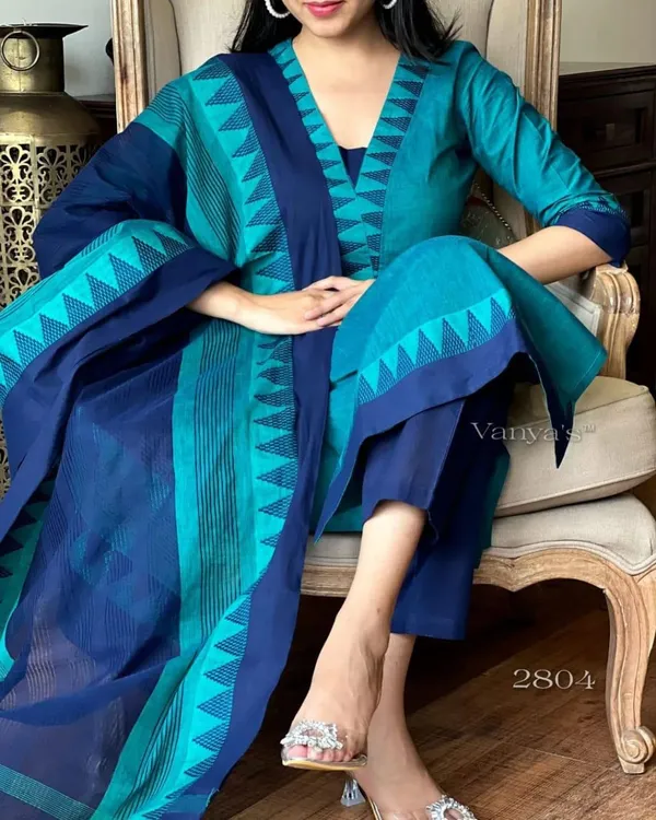 Green_&_Blue_South_Cotton_Kurta_&_Pant_with_Dupatta_Set