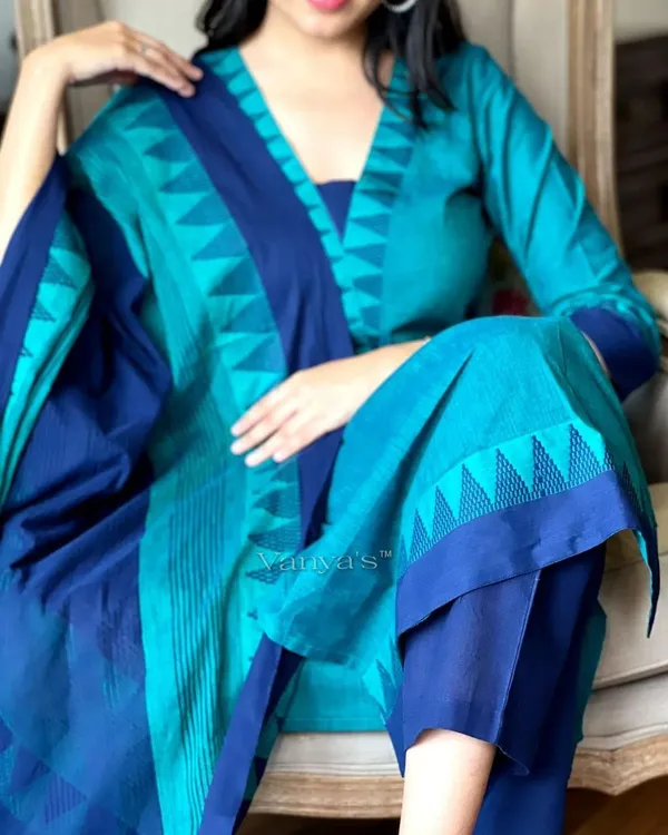 Green_&_Blue_Handloom_South_Cotton_Kurta_With_Pant_&_South_Cotton_Dupatta