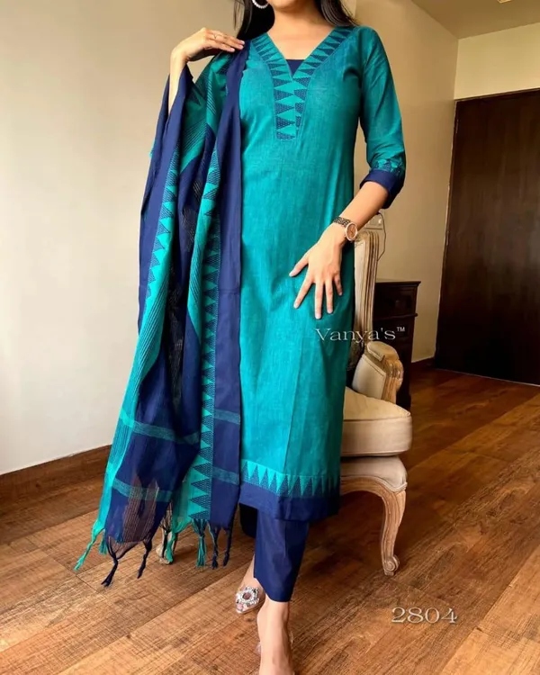 Green_&_Blue_South_Cotton_Kurta_&_Pant_with_Dupatta_Set