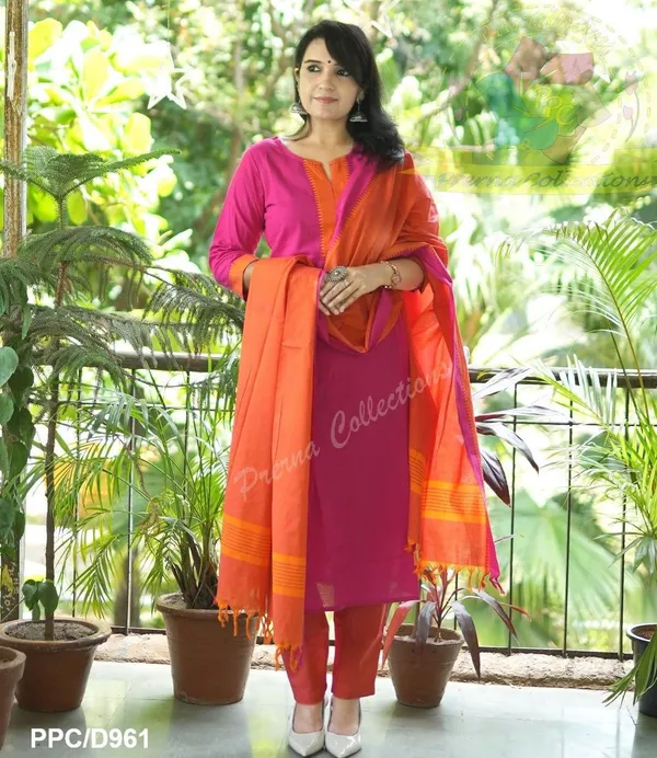 Rani_with_Orange_Handloom_South_Cotton_Kurta_and_Pant_Set_with_South_Cotton_Dupatta