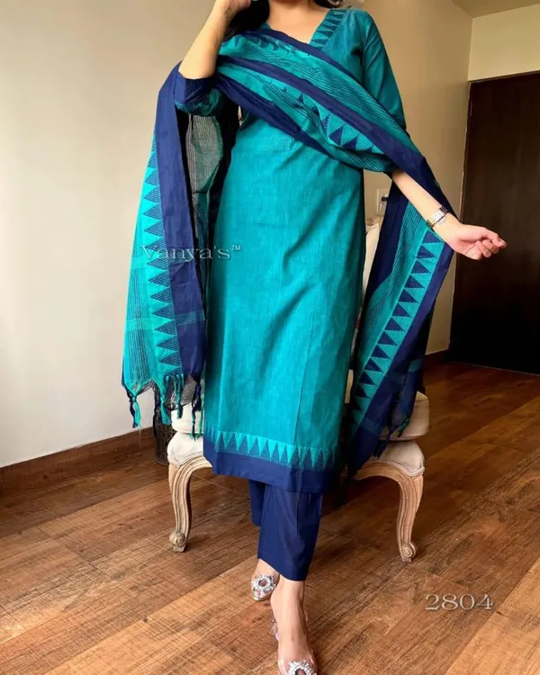 Green_&_Blue_Handloom_South_Cotton_Kurta_With_Pant_&_South_Cotton_Dupatta