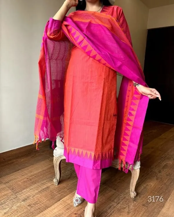 Orange_and_Pink_Handloom_South_Cotton_Kurta_With_Pant_&_South_Cotton_Dupatta_Set_.