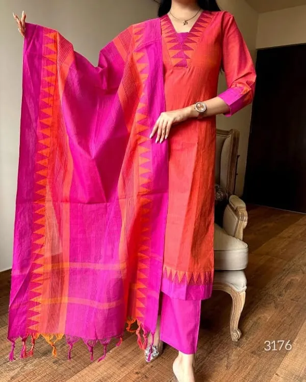 Orange_and_Pink_Handloom_South_Cotton_Kurta_With_Pant_&_South_Cotton_Dupatta_Set_.