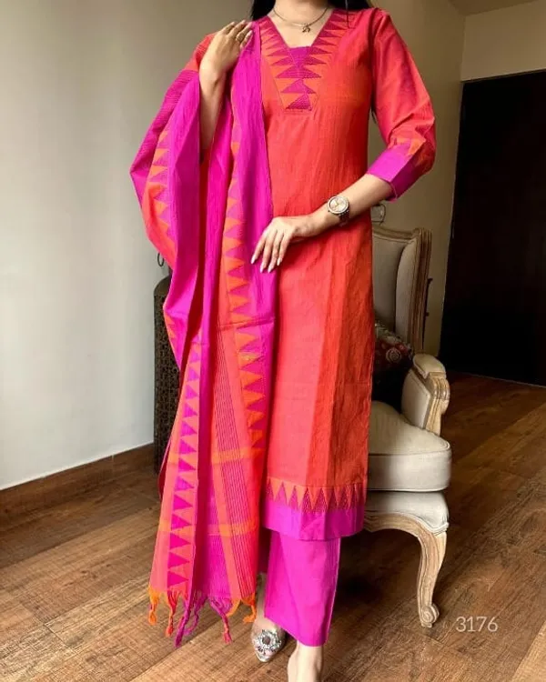 Orange_and_Pink_Handloom_South_Cotton_Kurta_With_Pant_&_South_Cotton_Dupatta_Set_.