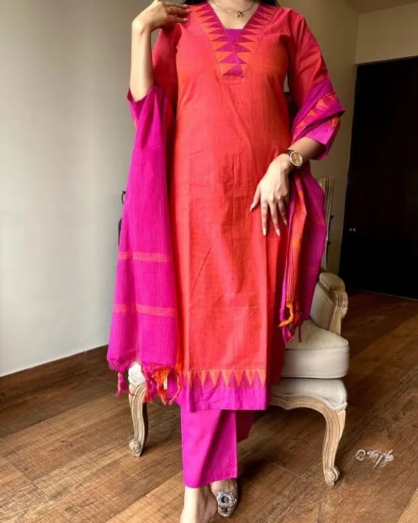 Orange_and_Pink_Handloom_South_Cotton_Kurta_With_Pant_&_South_Cotton_Dupatta_Set_.