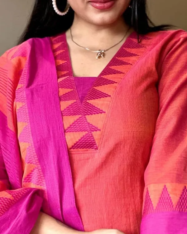 Orange_and_Pink_Handloom_South_Cotton_Kurta_With_Pant_&_South_Cotton_Dupatta_Set_.