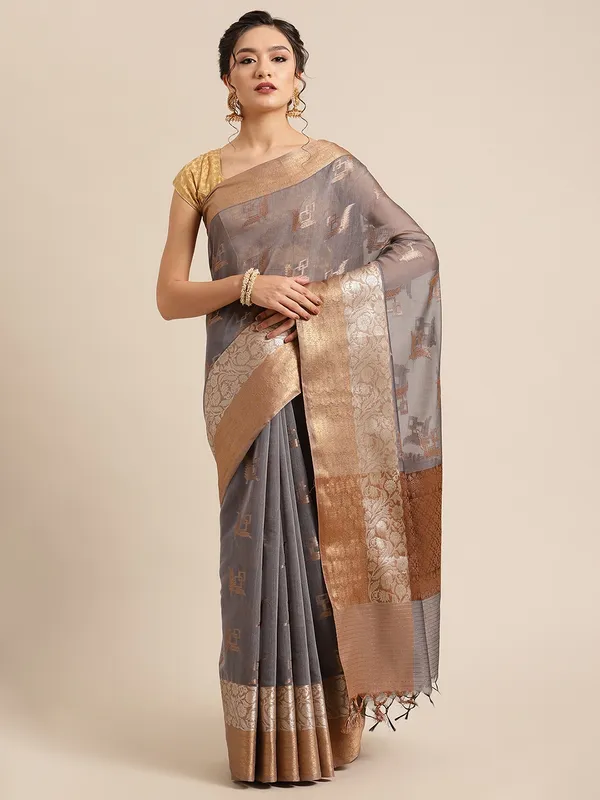 Grey_Masrise_Cotton/Cotton_Banarasi_Sarees_For_Women