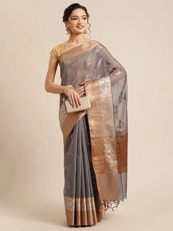 Grey_Masrise_Cotton/Cotton_Banarasi_Sarees_For_Women
