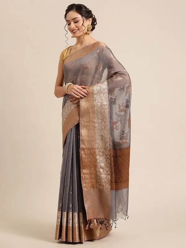Grey_Masrise_Cotton/Cotton_Banarasi_Sarees_For_Women