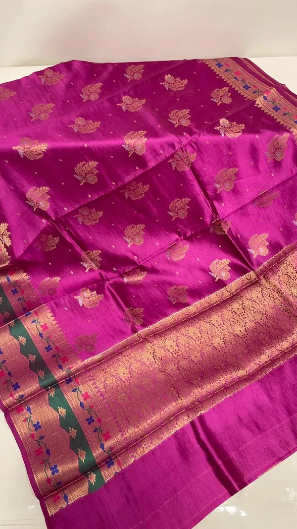 Humairah_Pure_Handloom_Magenta_Dupion_Silk_Golden_Zari_Silver_Mina_Floral_Booti_with_Skirt_Copper_Zari_Paithani_Border_and_Magenta_Blouse