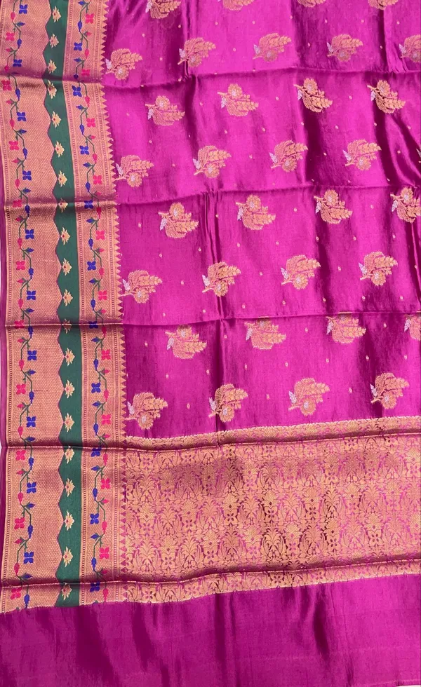 Humairah_Pure_Handloom_Magenta_Dupion_Silk_Golden_Zari_Silver_Mina_Floral_Booti_with_Skirt_Copper_Zari_Paithani_Border_and_Magenta_Blouse