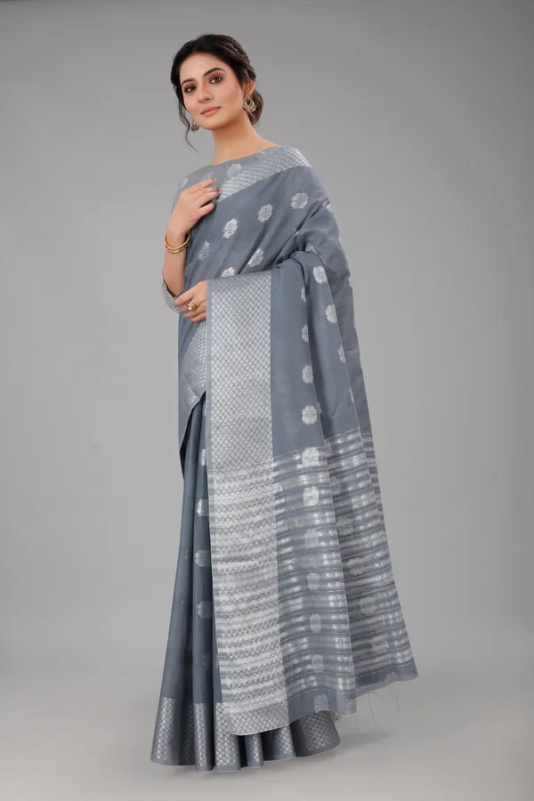Grey_Pure_Soft_Linen_Saree_With_Silver_Zari_Butta_For_Women