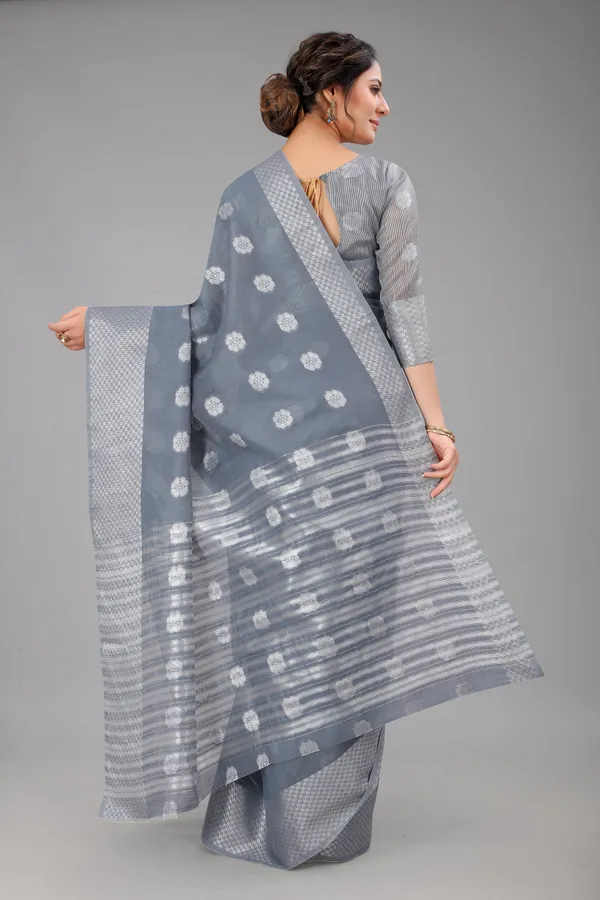 Grey_Pure_Soft_Linen_Saree_With_Silver_Zari_Butta_For_Women