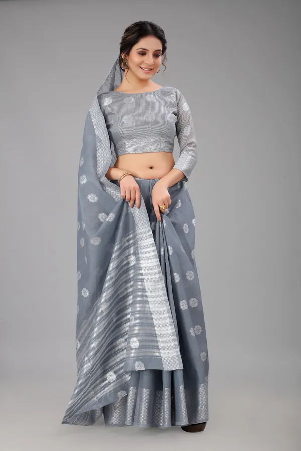 Grey_Pure_Soft_Linen_Saree_With_Silver_Zari_Butta_For_Women