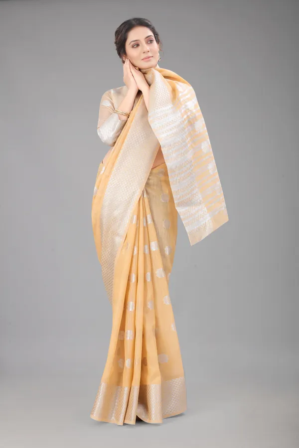 Chiku_Pure_Soft_Linen_Saree_With_Silver_Zari_Butta_For_Women