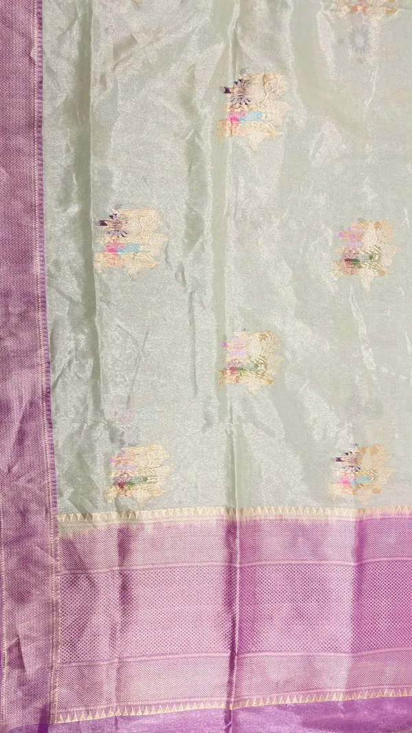 Humairah_Pure_Handwoven_Sea_green_Katan_Tissue_Silk_Kadhwa_Tilfi_Mina_Zari_Boota_Saree_with_Contrast_Purple_Stripe_Blouse