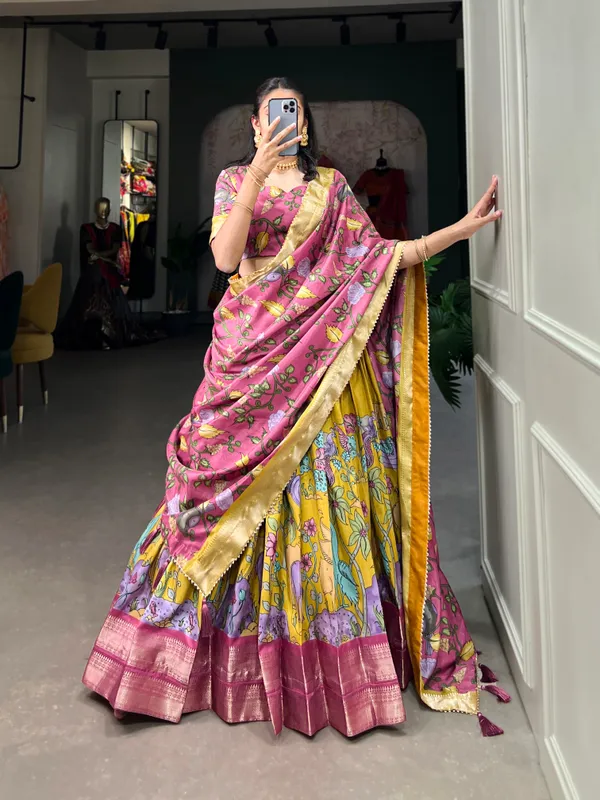 Mustard_Dola_Silk_Designer_Kalamkari_Print_Lehenga_Choli_For_Women