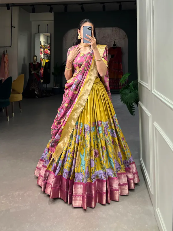 Mustard_Dola_Silk_Designer_Kalamkari_Print_Lehenga_Choli_For_Women
