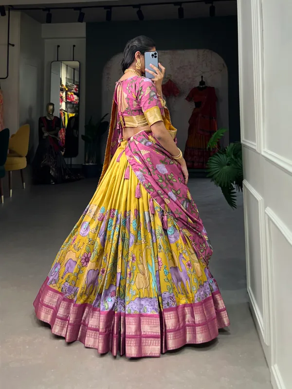 Mustard_Dola_Silk_Designer_Kalamkari_Print_Lehenga_Choli_For_Women