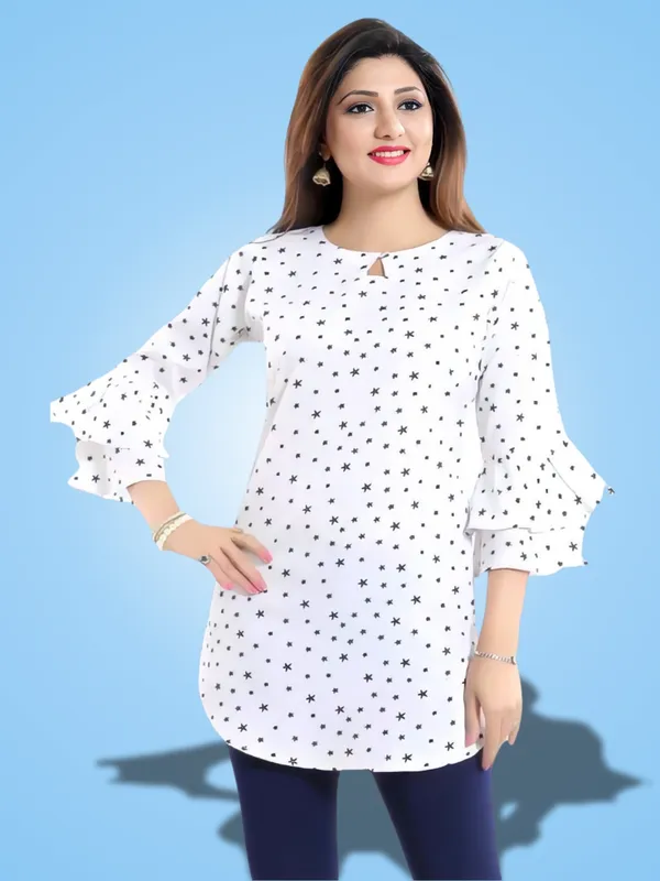 White_Crepe_Floral_Printed_Keyhole_Neck_Tunic_Tops