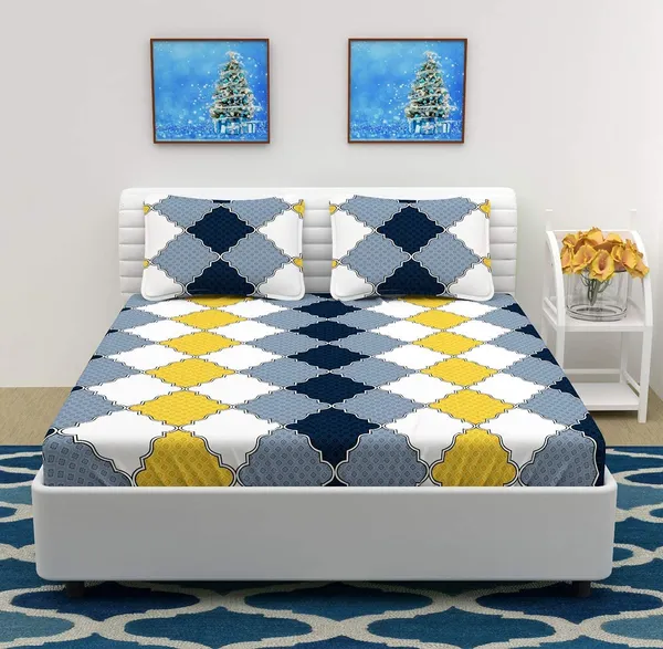 220TC_Premium_Elastic_Fitted_100%_Cotton_Feel_Printed_King_Size_Double_Bed_Bedsheet_with_2_Pillow_Cover_(72"x78"_Upto_6"_Mattress)_Grey_Yellow_Checks