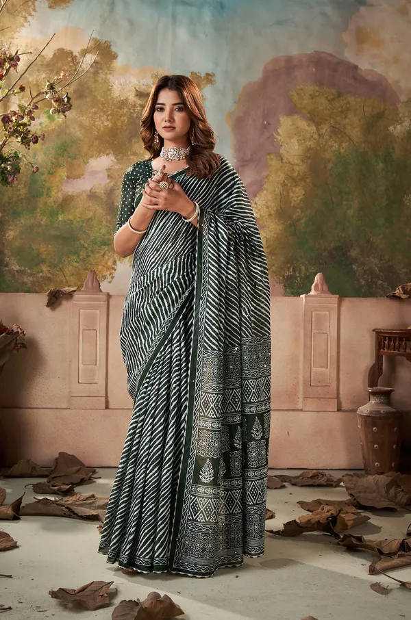 HANDICRAFT_MIRROR_WORK_WOMEN'S_Ikkat_PRINT_PURE_SOFT_COTTON_SAREE_WITH_BEAUTIFUL_BORDER_WORK_With_Blouse_Piece