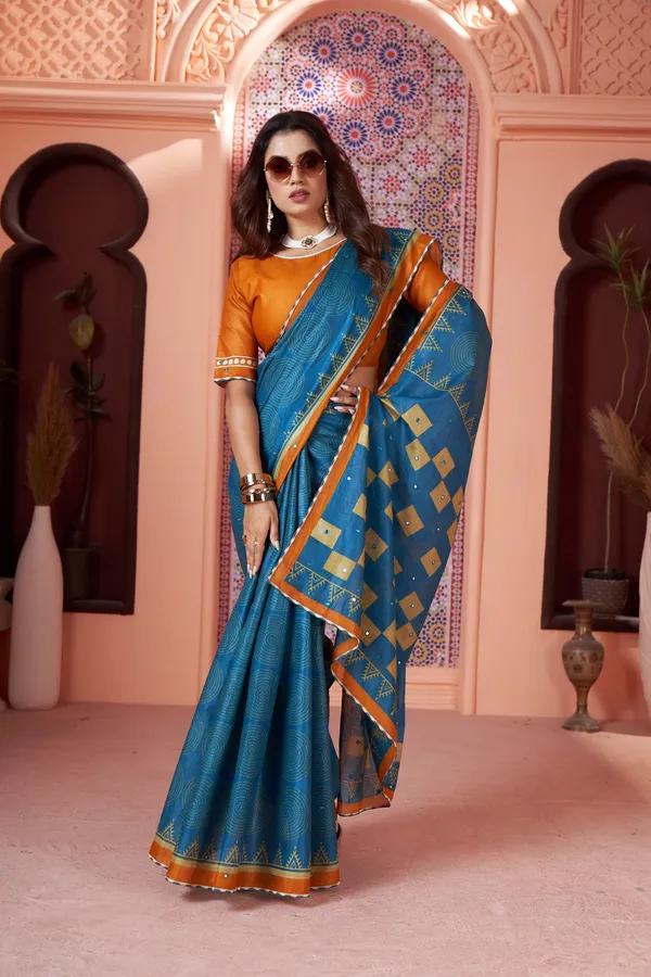 HANDICRAFT_MIRROR_WORK_WOMEN'S_Ikkat_PRINT_PURE_SOFT_COTTON_SAREE_WITH_BEAUTIFUL_BORDER_WORK_With_Blouse_Piece