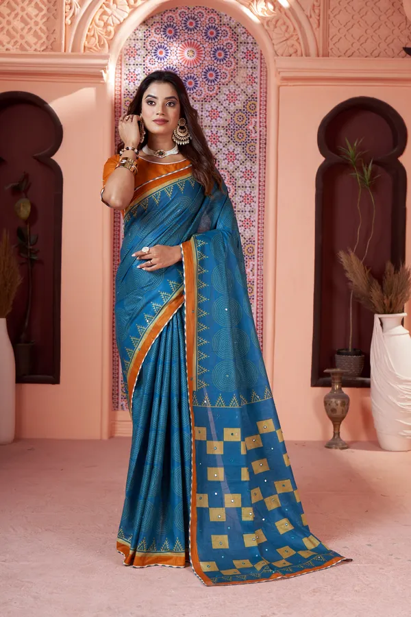HANDICRAFT_MIRROR_WORK_WOMEN'S_Ikkat_PRINT_PURE_SOFT_COTTON_SAREE_WITH_BEAUTIFUL_BORDER_WORK_With_Blouse_Piece