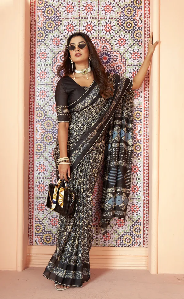 HANDICRAFT_MIRROR_WORK_WOMEN'S_Ikkat_PRINT_PURE_SOFT_COTTON_SAREE_WITH_BEAUTIFUL_BORDER_WORK_With_Blouse_Piece