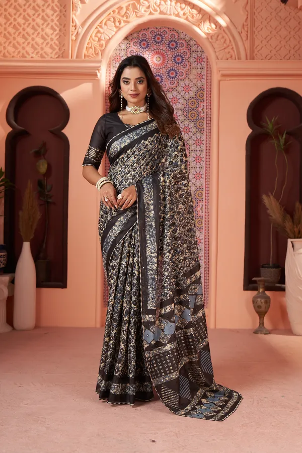 HANDICRAFT_MIRROR_WORK_WOMEN'S_Ikkat_PRINT_PURE_SOFT_COTTON_SAREE_WITH_BEAUTIFUL_BORDER_WORK_With_Blouse_Piece
