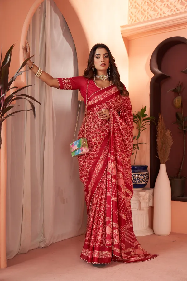 HANDICRAFT_MIRROR_WORK_WOMEN'S_Ikkat_PRINT_PURE_SOFT_COTTON_SAREE_WITH_BEAUTIFUL_BORDER_WORK_With_Blouse_Piece