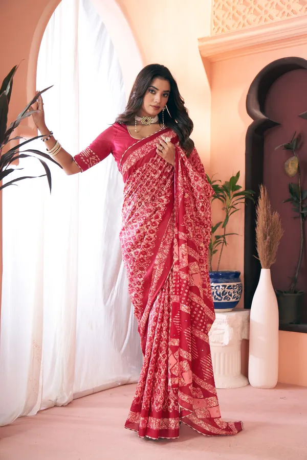 HANDICRAFT_MIRROR_WORK_WOMEN'S_Ikkat_PRINT_PURE_SOFT_COTTON_SAREE_WITH_BEAUTIFUL_BORDER_WORK_With_Blouse_Piece