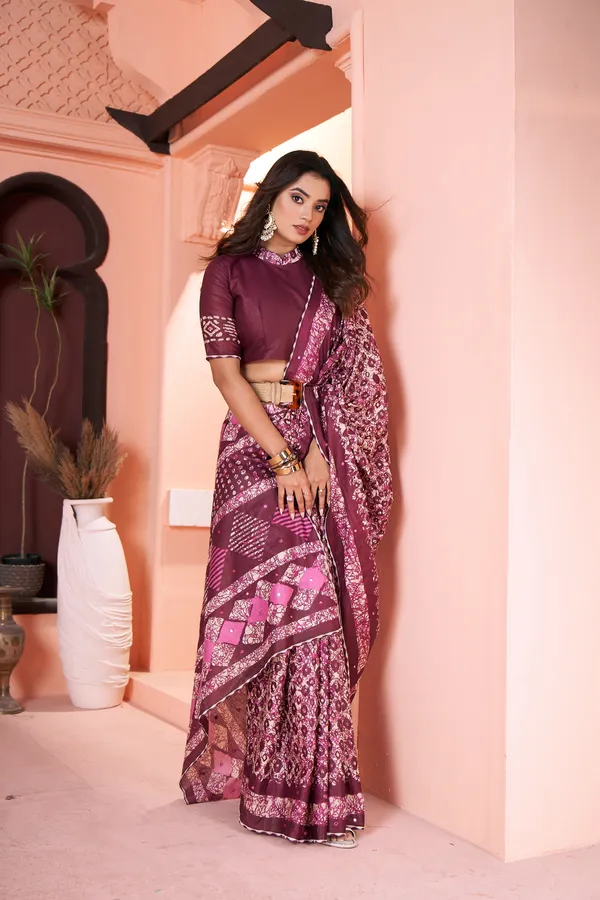 HANDICRAFT_MIRROR_WORK_WOMEN'S_Ikkat_PRINT_PURE_SOFT_COTTON_SAREE_WITH_BEAUTIFUL_BORDER_WORK_With_Blouse_Piece