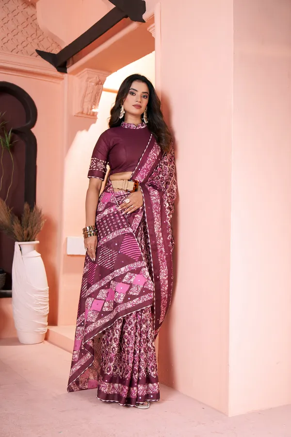 HANDICRAFT_MIRROR_WORK_WOMEN'S_Ikkat_PRINT_PURE_SOFT_COTTON_SAREE_WITH_BEAUTIFUL_BORDER_WORK_With_Blouse_Piece