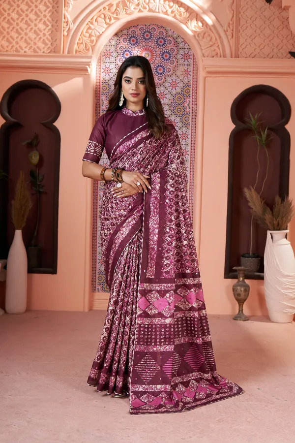 HANDICRAFT_MIRROR_WORK_WOMEN'S_Ikkat_PRINT_PURE_SOFT_COTTON_SAREE_WITH_BEAUTIFUL_BORDER_WORK_With_Blouse_Piece