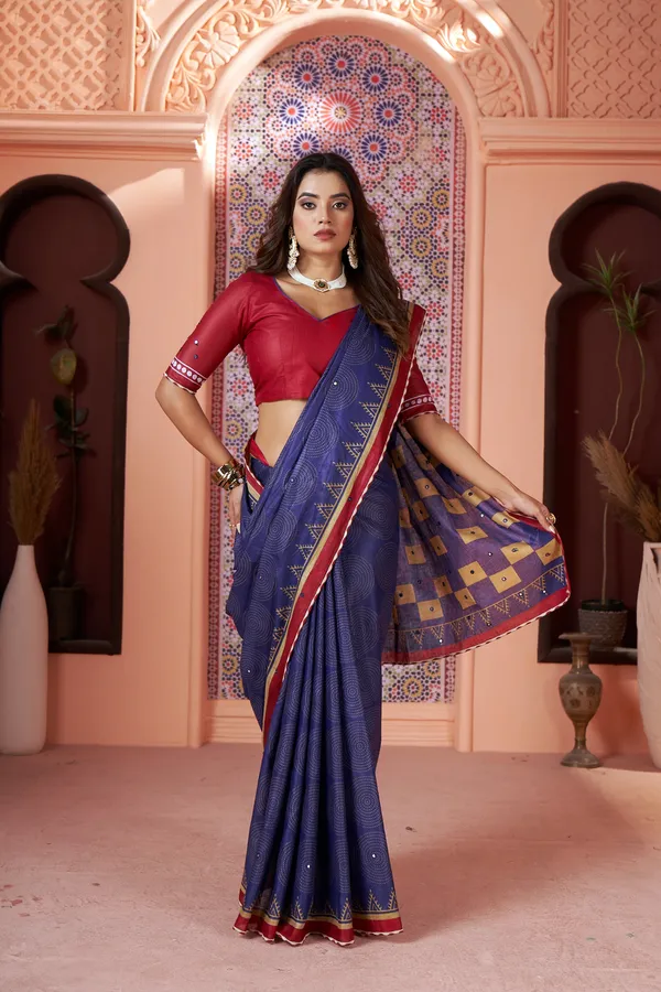 HANDICRAFT_MIRROR_WORK_WOMEN'S_Ikkat_PRINT_PURE_SOFT_COTTON_SAREE_WITH_BEAUTIFUL_BORDER_WORK_With_Blouse_Piece