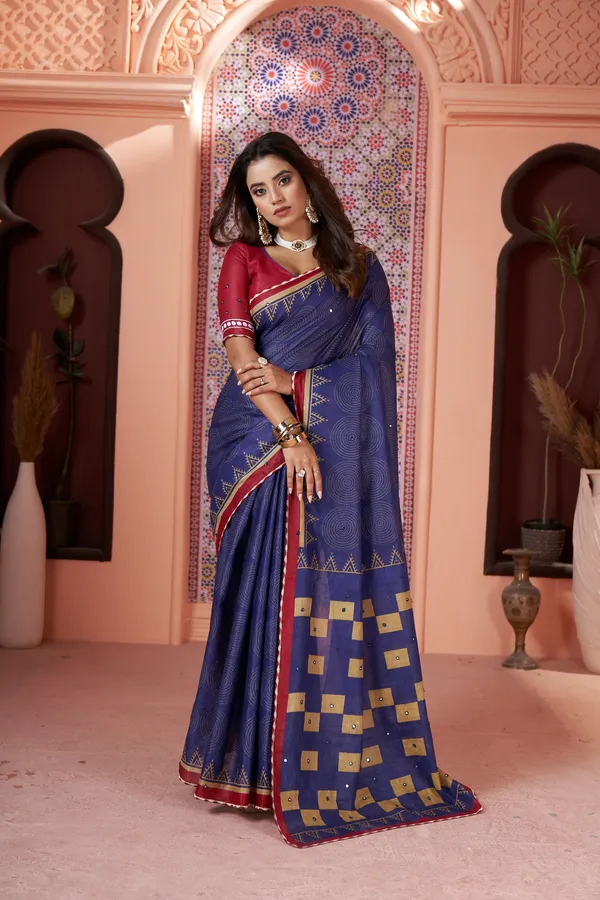 HANDICRAFT_MIRROR_WORK_WOMEN'S_Ikkat_PRINT_PURE_SOFT_COTTON_SAREE_WITH_BEAUTIFUL_BORDER_WORK_With_Blouse_Piece