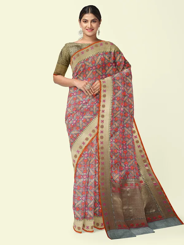 Grey_Cotton_Blend_Banarasi_Sarees_For_Women