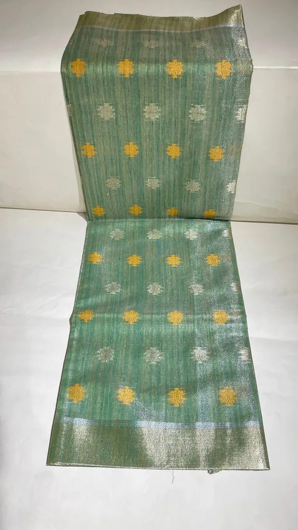 Humairah_Presents_Sea_Green_Tissue_Silk_Gold_and_Silver_Resham_Zari_Booti_with_Stripe_Light_Gold_Zari_Pallu_and_Border_with_Stripe_Blouse